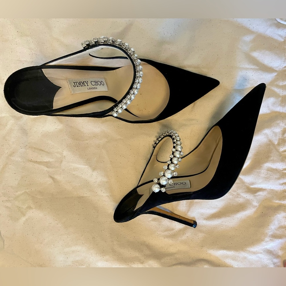 Jimmy Choo Bing Crystal-Embellished Heeled Mules in Black Velvet - Picture 2 of 7